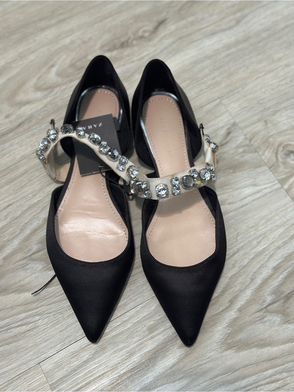 ZARA Black Satin Rhinestone Strap Flats Size 37 NWT